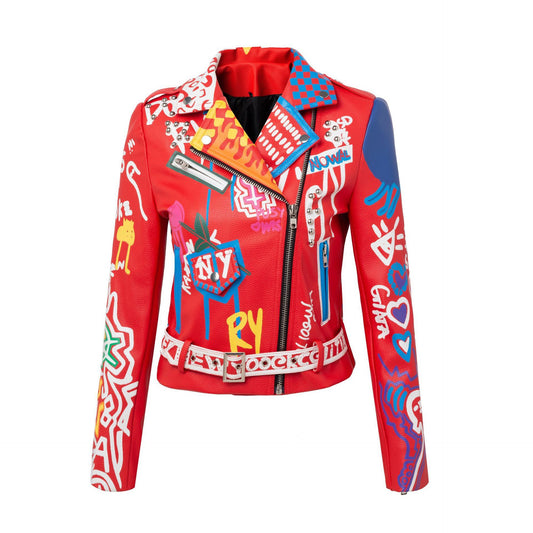 Ladies Slim Motorcycle Long Sleeve Graffiti Belt Red Leather Jacket