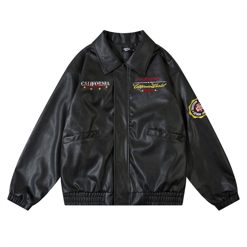 Men's American Embroidery Letters Motorcycle Leather Jacket Coat