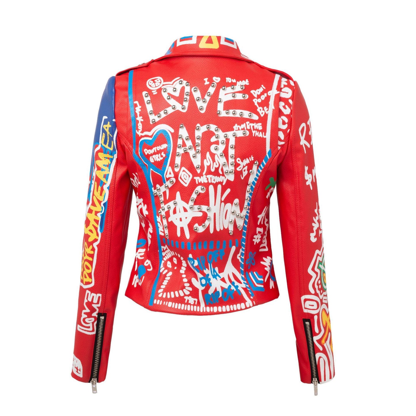 Ladies Slim Motorcycle Long Sleeve Graffiti Belt Red Leather Jacket