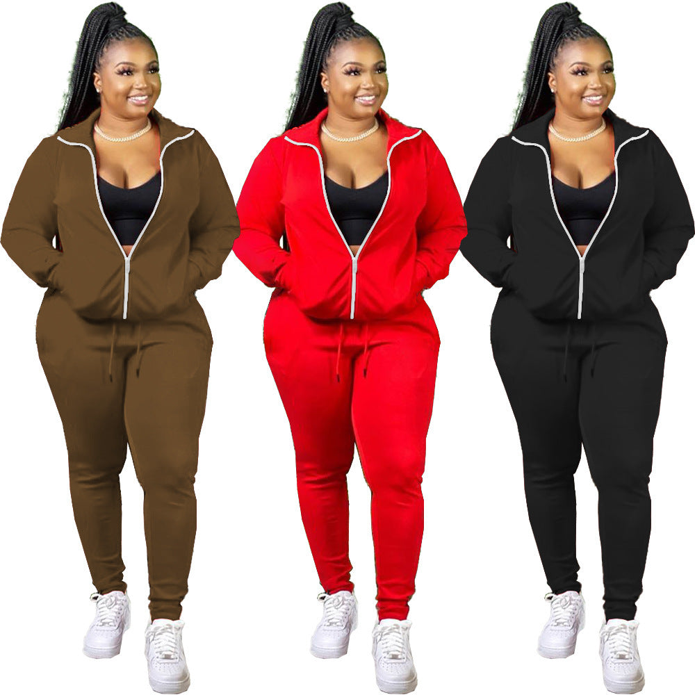 Ladies Solid Color Zipper Pocket Long Sleeve Coat Trousers Sports Two-piece Set