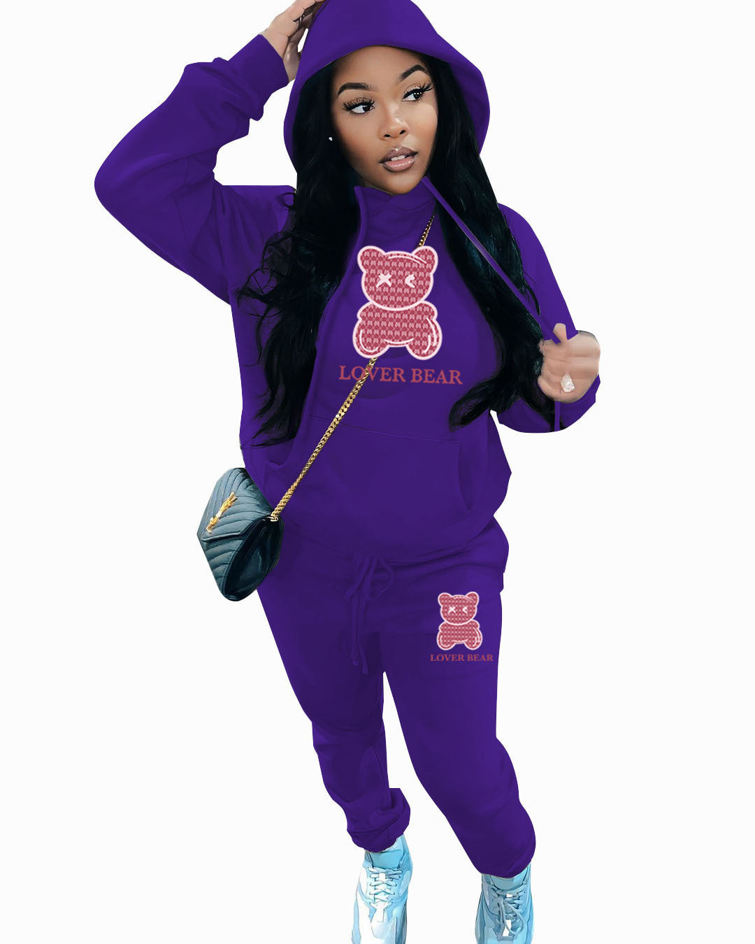 Ladies Designer “Lover Bear” 2 Piece Suit Hooded Sweatshirt And Sweatpants Sets. All Colors & Sizes