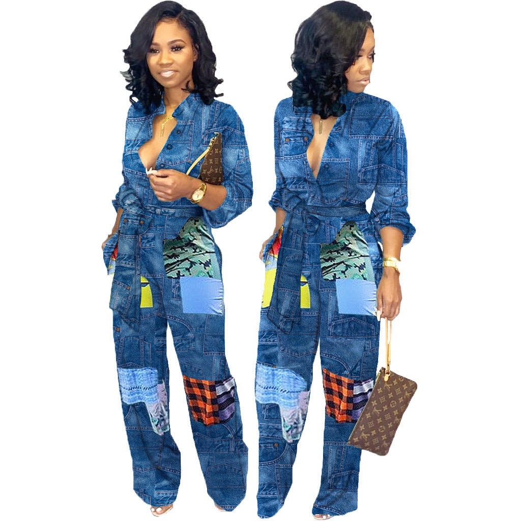 Ladies Designer European And American Fashion Denim Jumpsuit