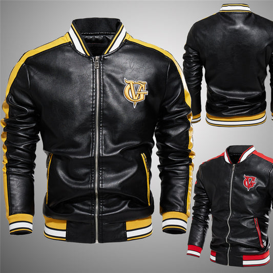 Men’s Leather Jackets. Biker style Stand-up Collar Embroidered Black Leather Jacket