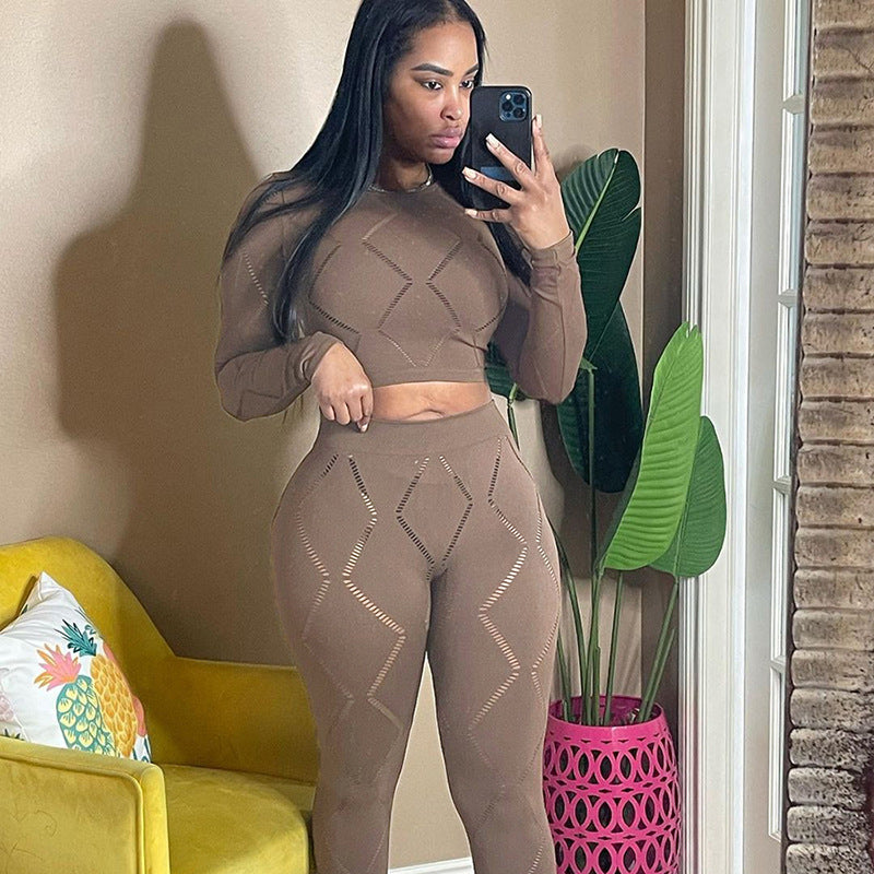 Women's 2 Piece Hollow-out Ripped High Waist Tight Pants Casual Sports Suit