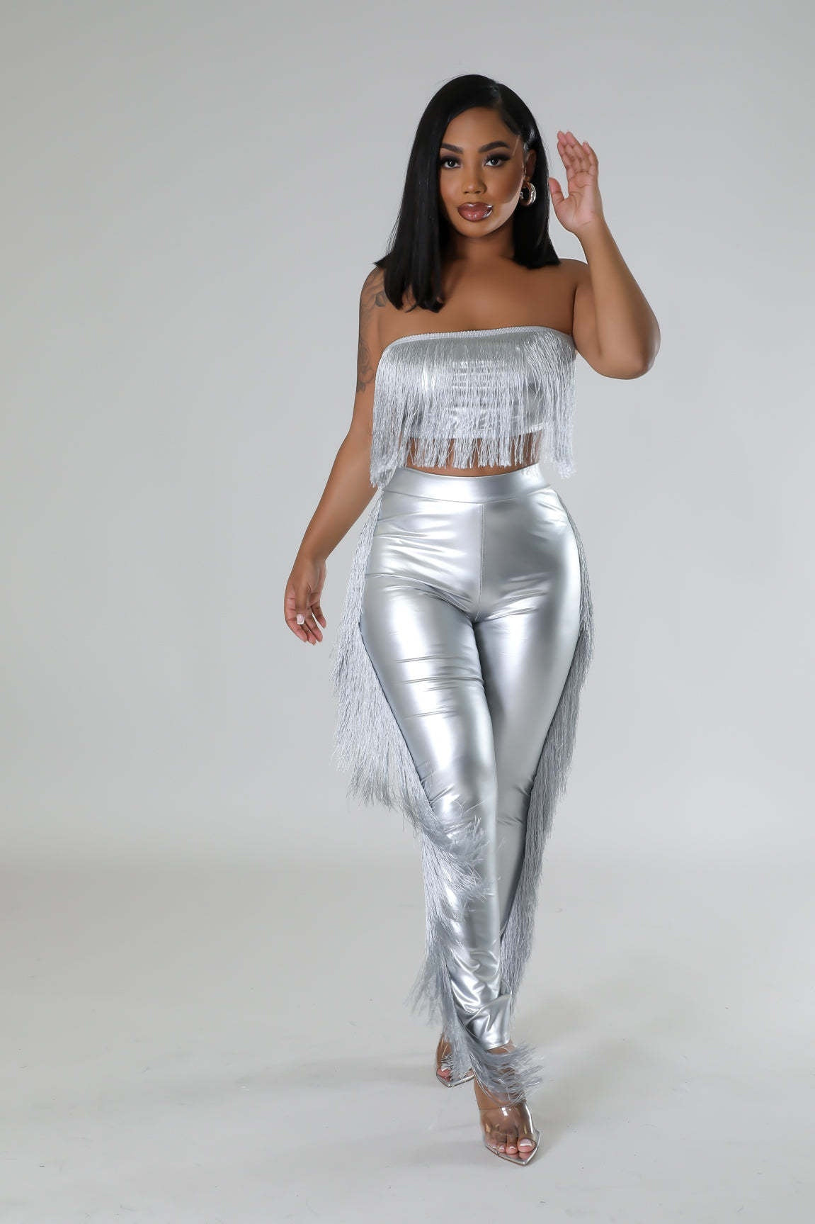 Sexy Bandeau Tassels Slim-fit Trousers Two-piece Set Nightclub Uniforms