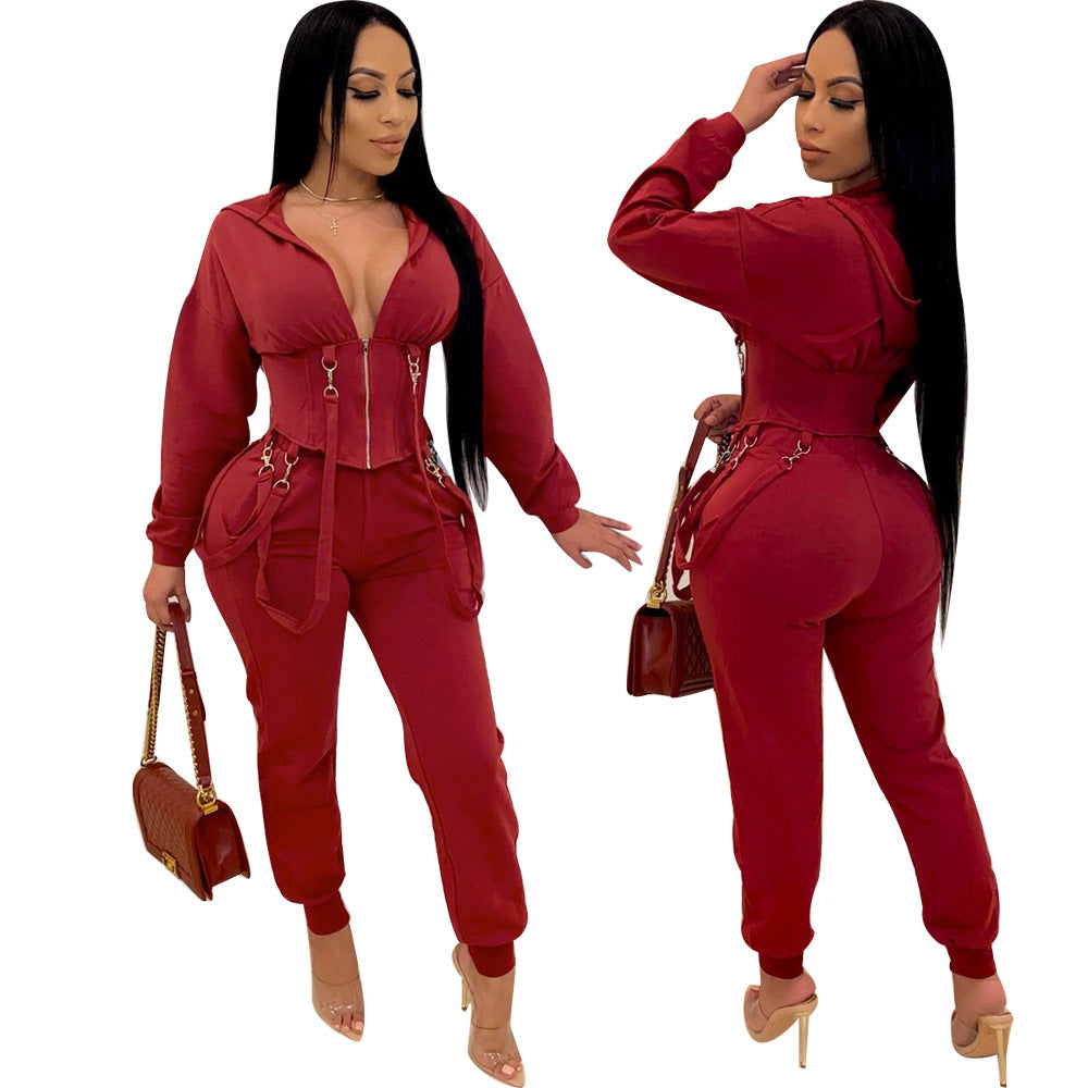 Ladies Fashion Zipper Slim-fit Two-piece Hoodie Set