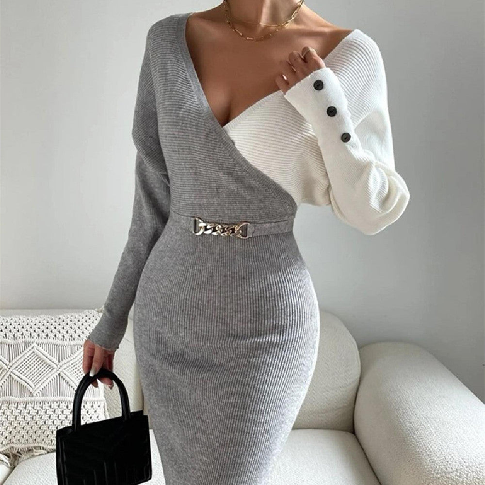 Long Sleeve V-neck Mid-length Dress