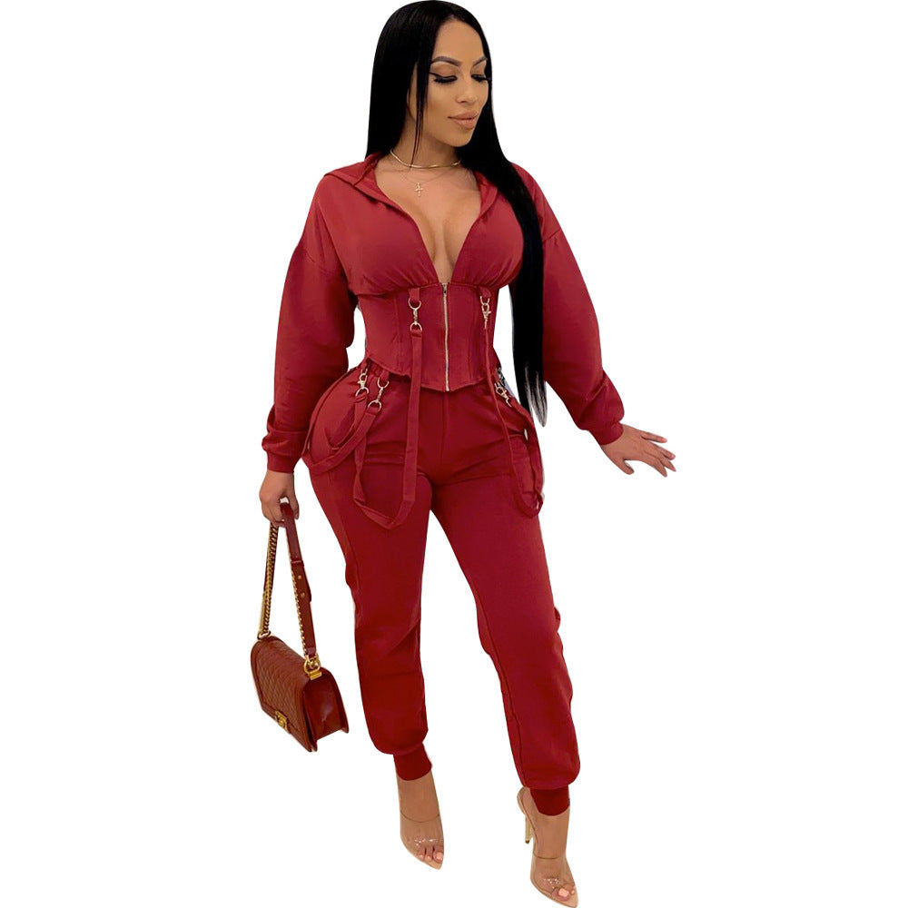 Ladies Fashion Zipper Slim-fit Two-piece Hoodie Set