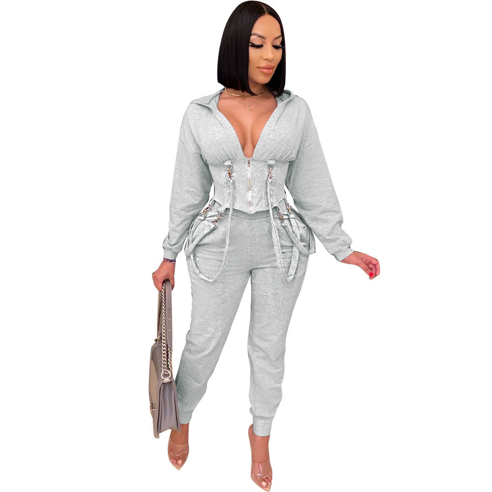 Ladies Fashion Zipper Slim-fit Two-piece Hoodie Set