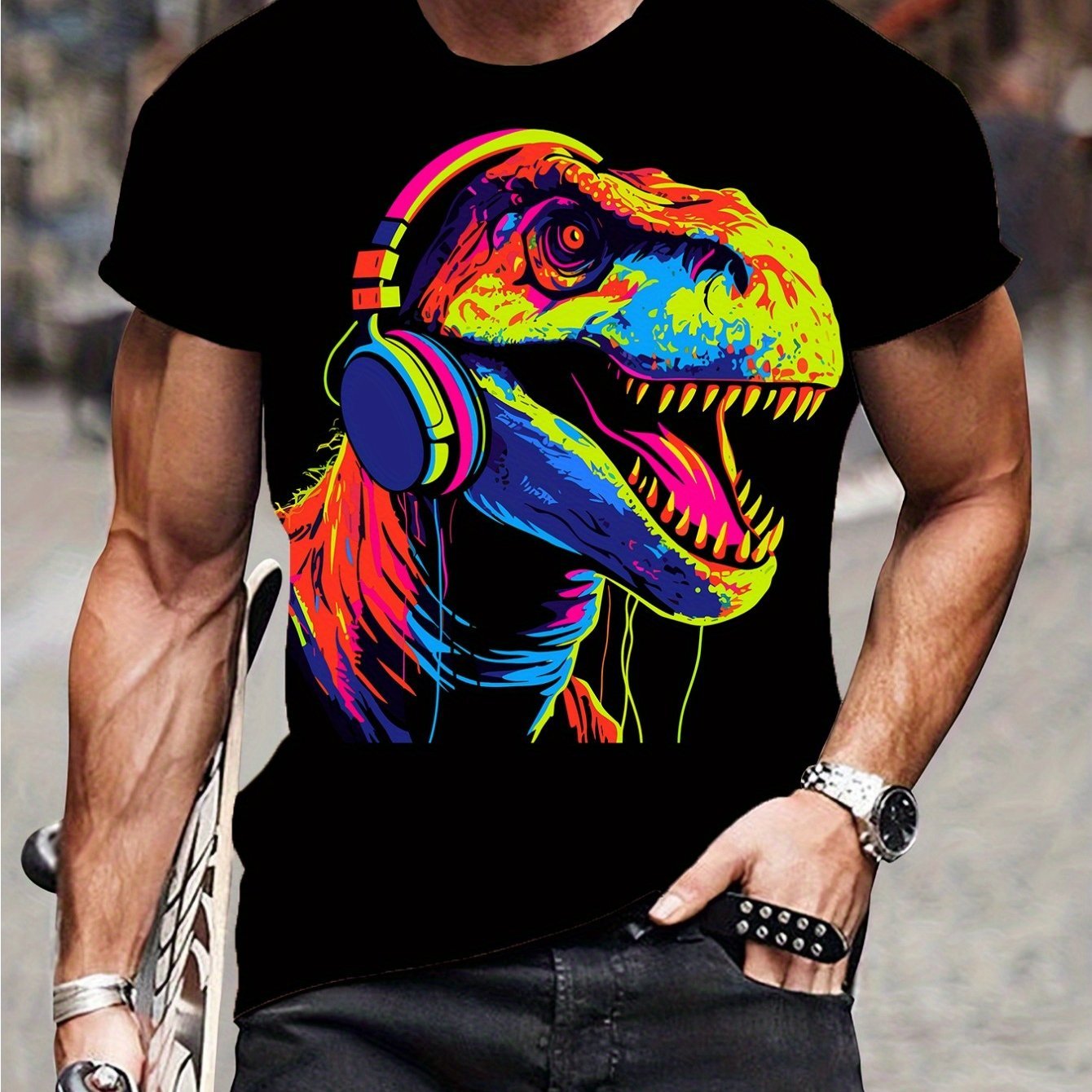 Cartoon Dinosaur Print T-shirt, Summer Men's Casual Street Style Elastic Round Neck T-shirt