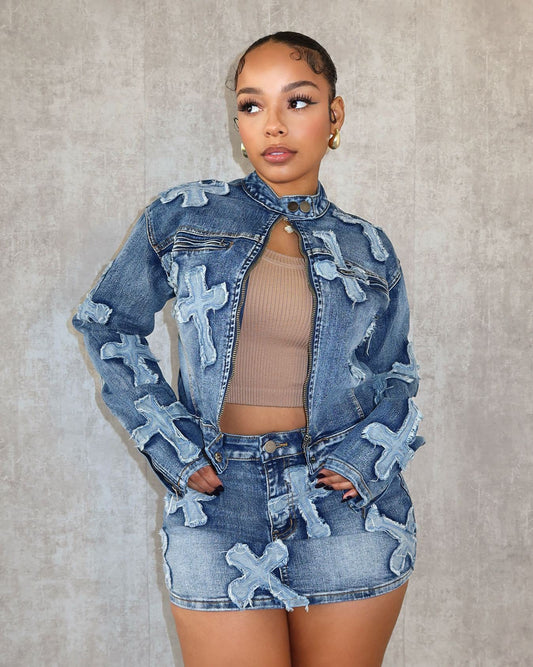 Ladies New Designer 2Piece Denim Embroidered Short Skirt Jacket Suits $49.99