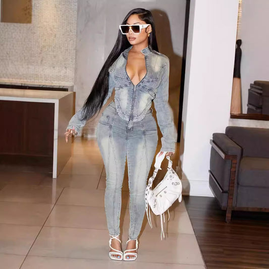 Ladies Denim 2 Piece Long-sleeved Tops Jean Suit $45.00