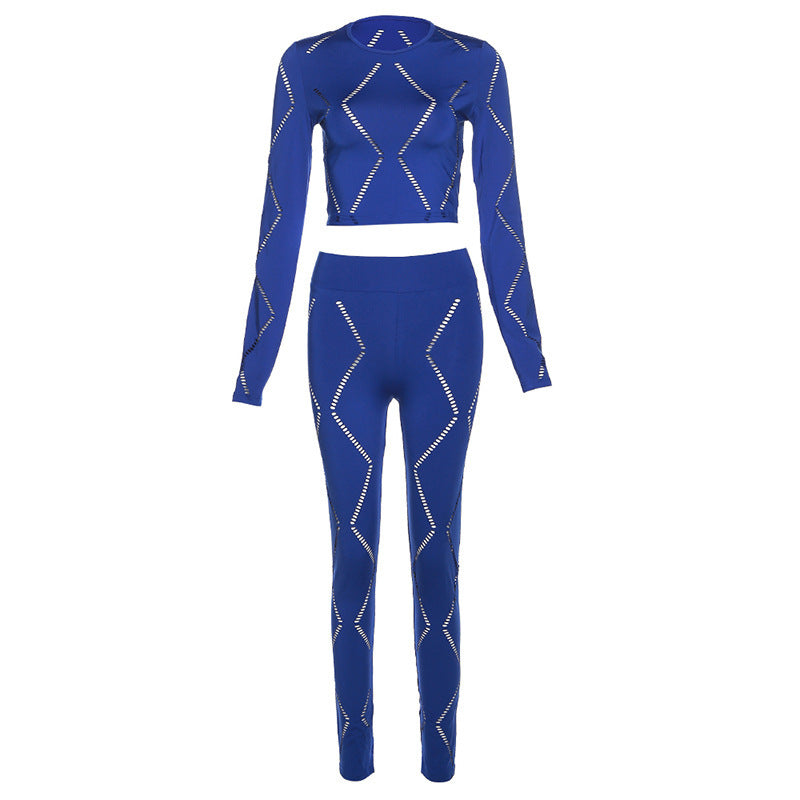 Women's 2 Piece Hollow-out Ripped High Waist Tight Pants Casual Sports Suit