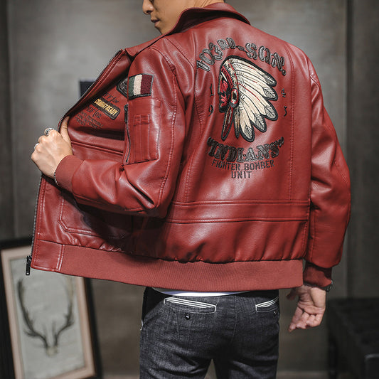 Men's Leather Jacket Men's Lapel Embroidery Motorcycle Jacket