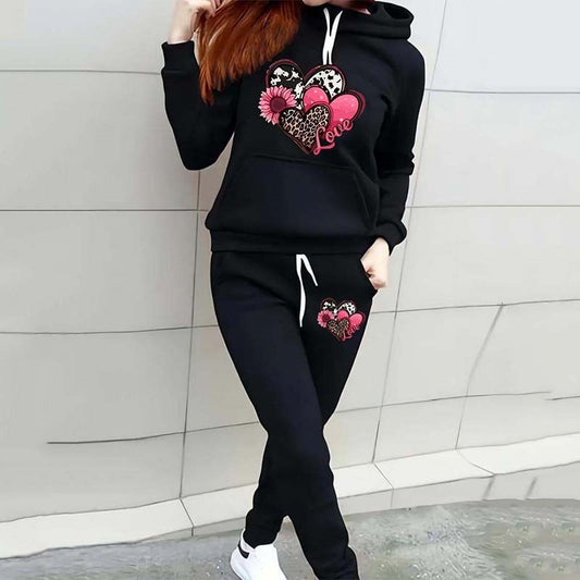 Ladies Leopard & Heart Print Women's Casual Sports Suit Hooded Sweater