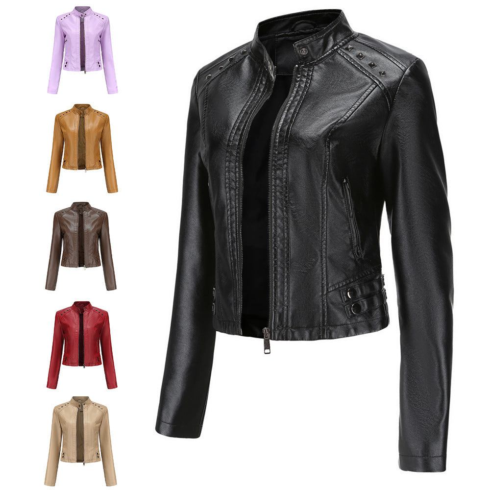 Women’s Studded Leather Women Short Jacket Long Sleeves