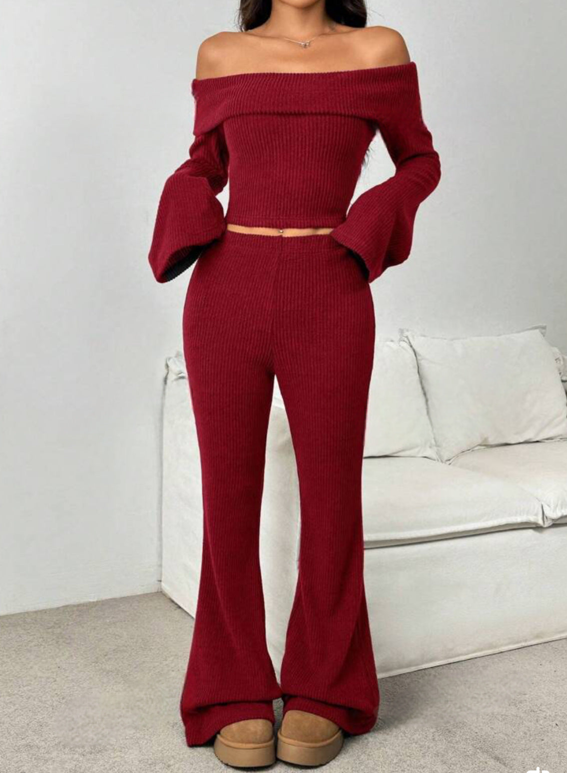 Ladies 2 Piece Off-neck Skinny Long-sleeved Trousers Knitting Suit