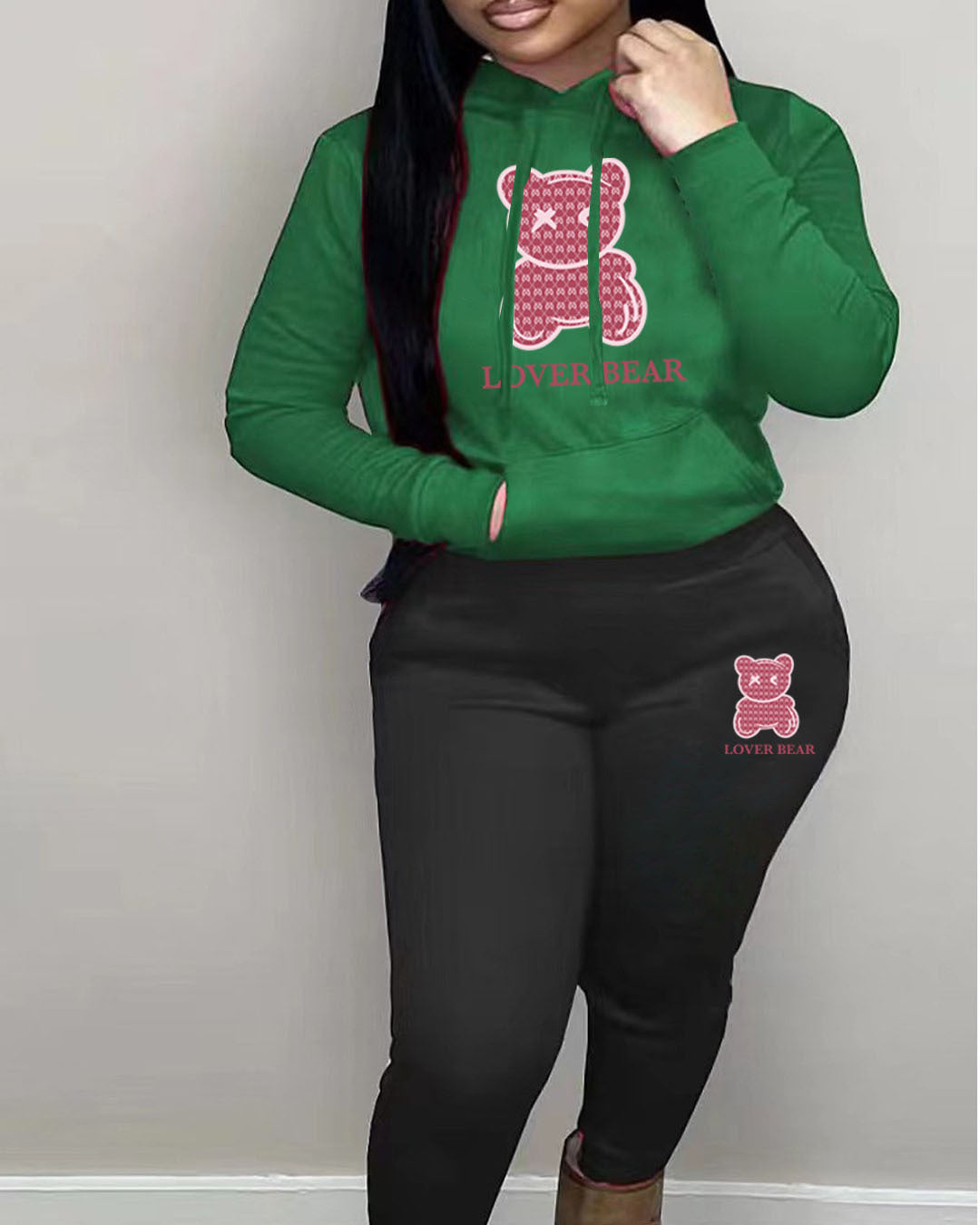 Ladies Designer “Lover Bear” 2 Piece Suit Hooded Sweatshirt And Sweatpants Sets. All Colors & Sizes