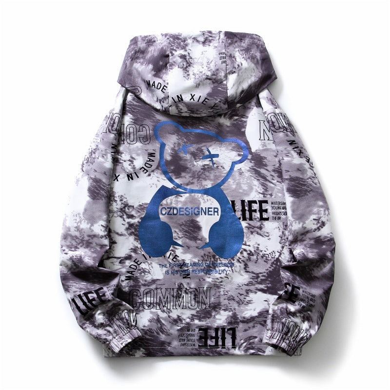 Men's Fall Winter Hooded Splash-ink Bear Printed Coat