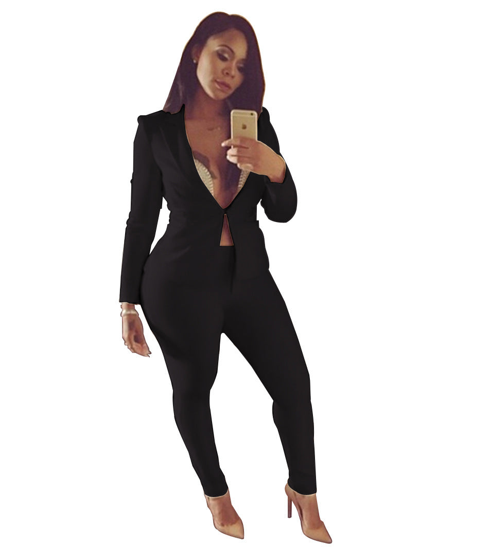 Ladies Designer Solid Color Classy Business Suit Pants Two-piece Set