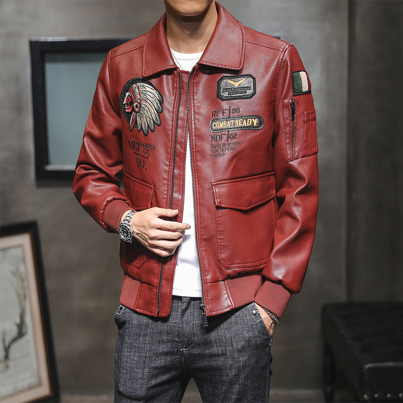 Men's Leather Jacket Men's Lapel Embroidery Motorcycle Jacket