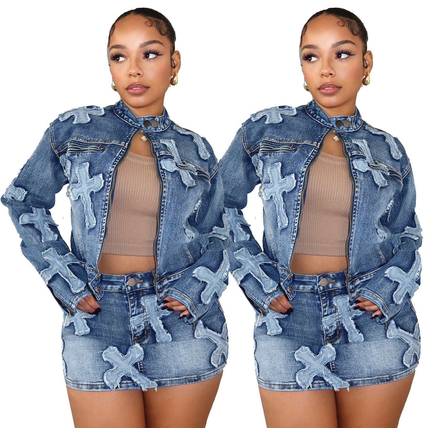 Ladies New Designer 2Piece Denim Embroidered Short Skirt Jacket Suits $49.99