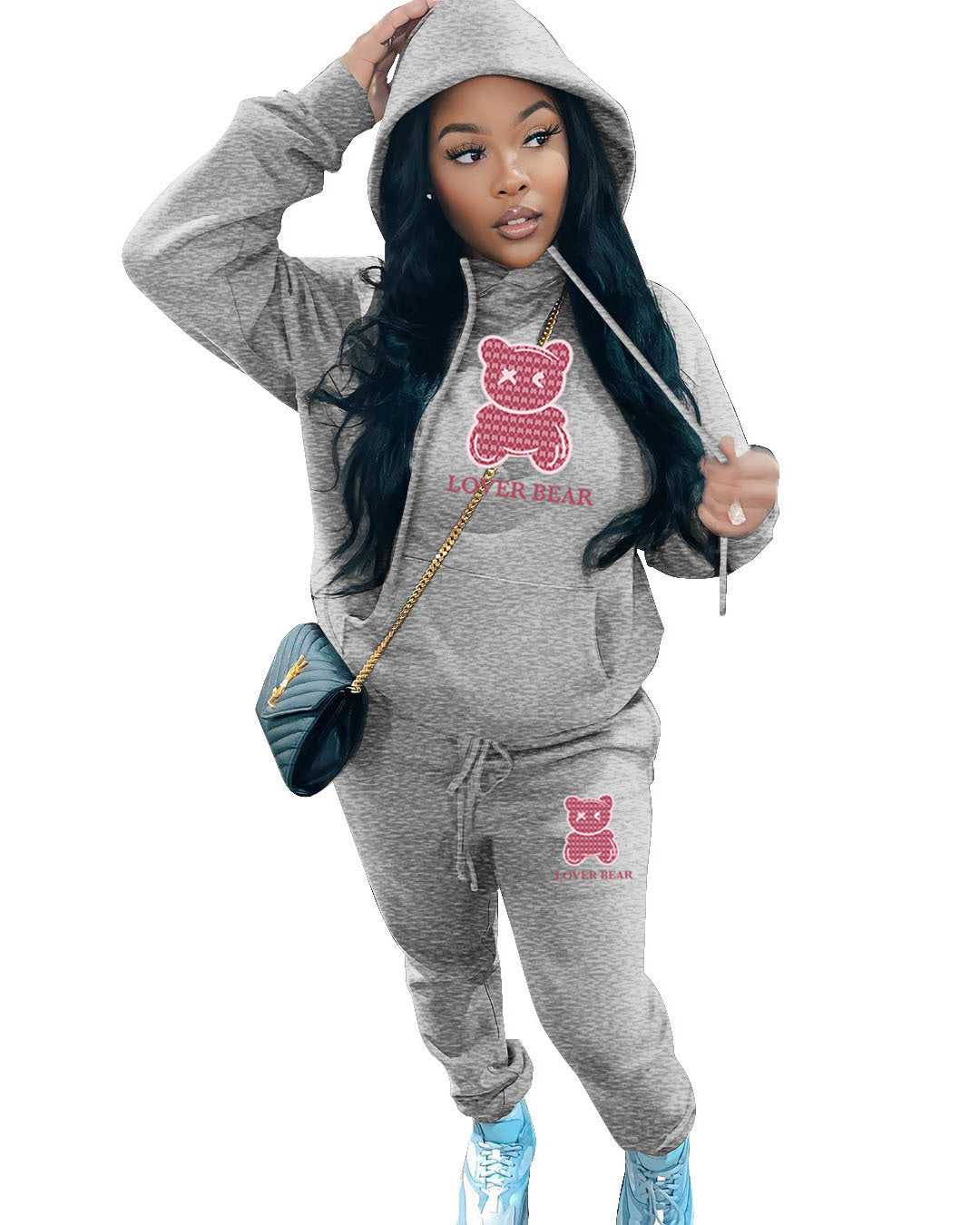 Ladies Designer “Lover Bear” 2 Piece Suit Hooded Sweatshirt And Sweatpants Sets. All Colors & Sizes