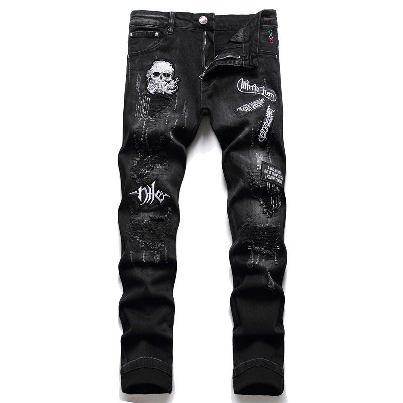 Men’s Designer Black Slim-fit Skull Ripped High Street Jeans