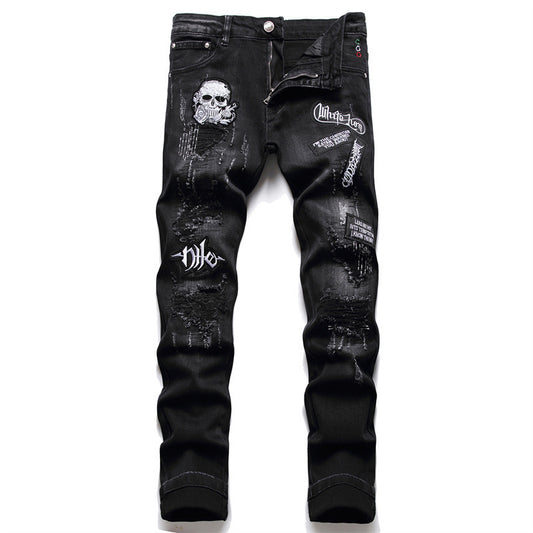 Men’s Designer Black Slim-fit Skull Ripped High Street Jeans