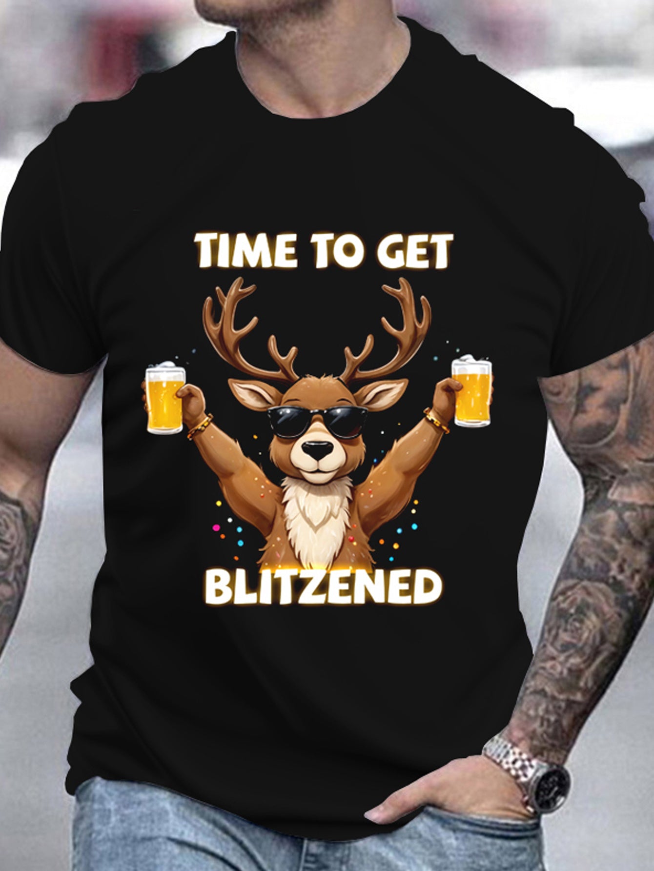 Men's Christmas Deer And Beer 3D Printed T-shirt - Casual Round Neck Short Sleeve, Breathable Polyester Fiber Summer Top