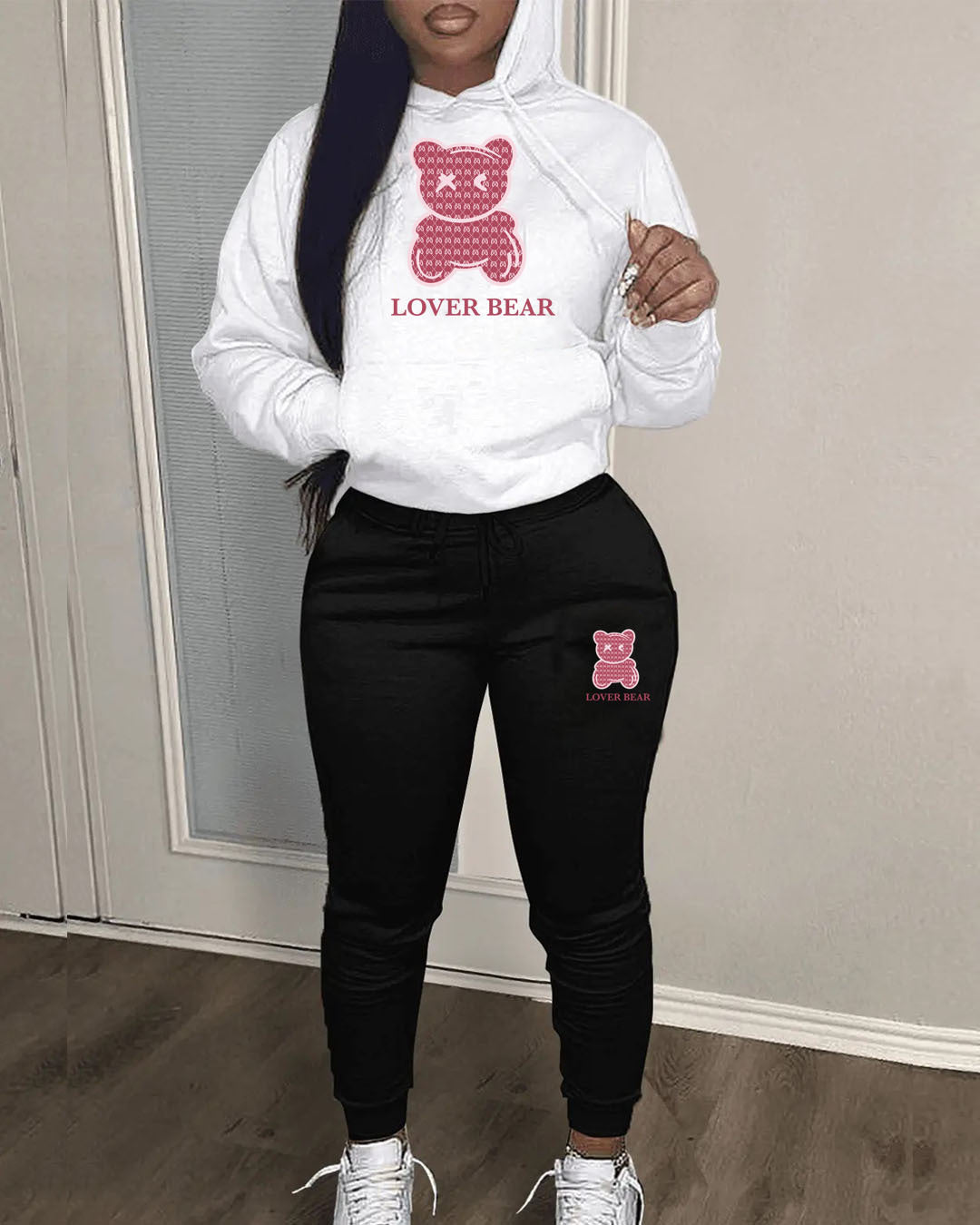 Ladies Designer “Lover Bear” 2 Piece Suit Hooded Sweatshirt And Sweatpants Sets. All Colors & Sizes