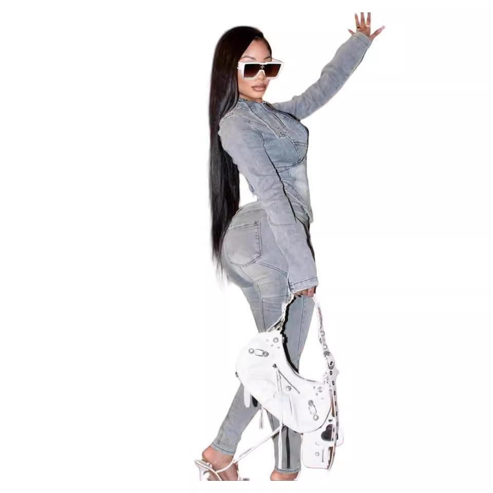 Ladies Denim 2 Piece Long-sleeved Tops Jean Suit $45.00