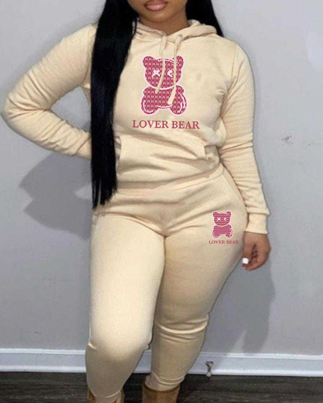 Ladies Designer “Lover Bear” 2 Piece Suit Hooded Sweatshirt And Sweatpants Sets. All Colors & Sizes