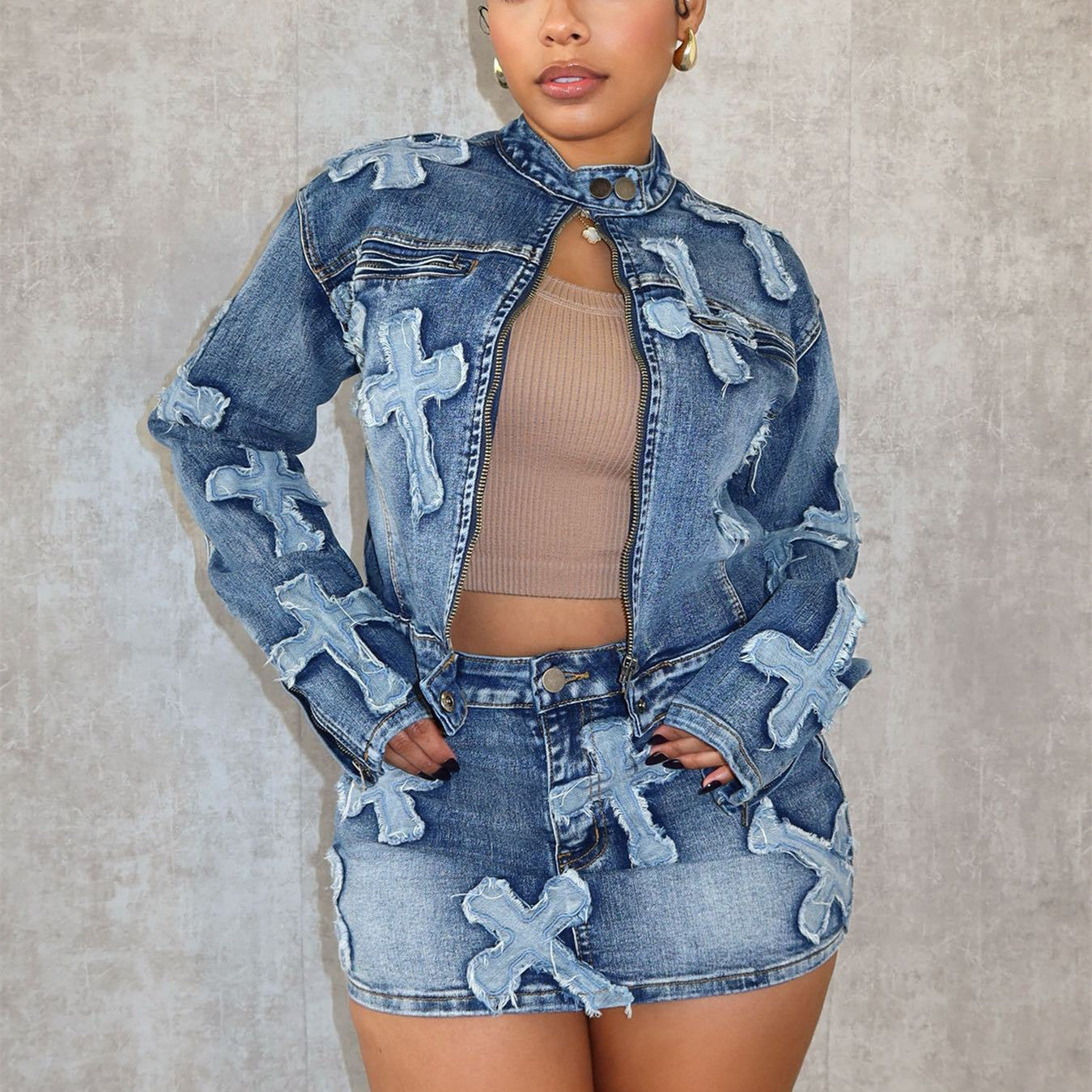 Ladies New Designer 2Piece Denim Embroidered Short Skirt Jacket Suits $49.99