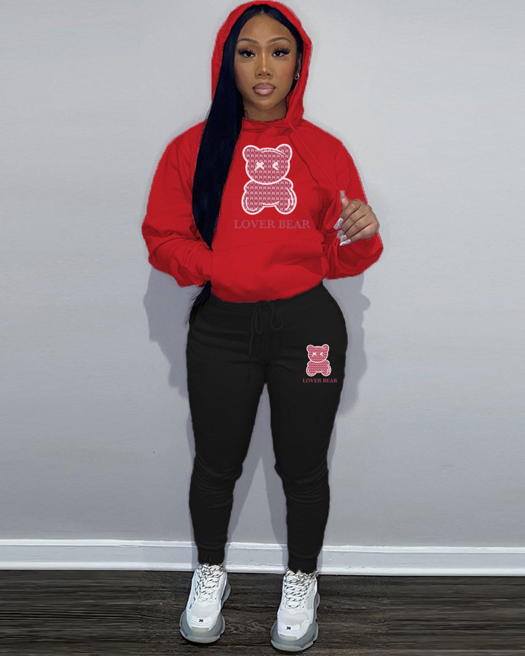 Ladies Designer “Lover Bear” 2 Piece Suit Hooded Sweatshirt And Sweatpants Sets. All Colors & Sizes