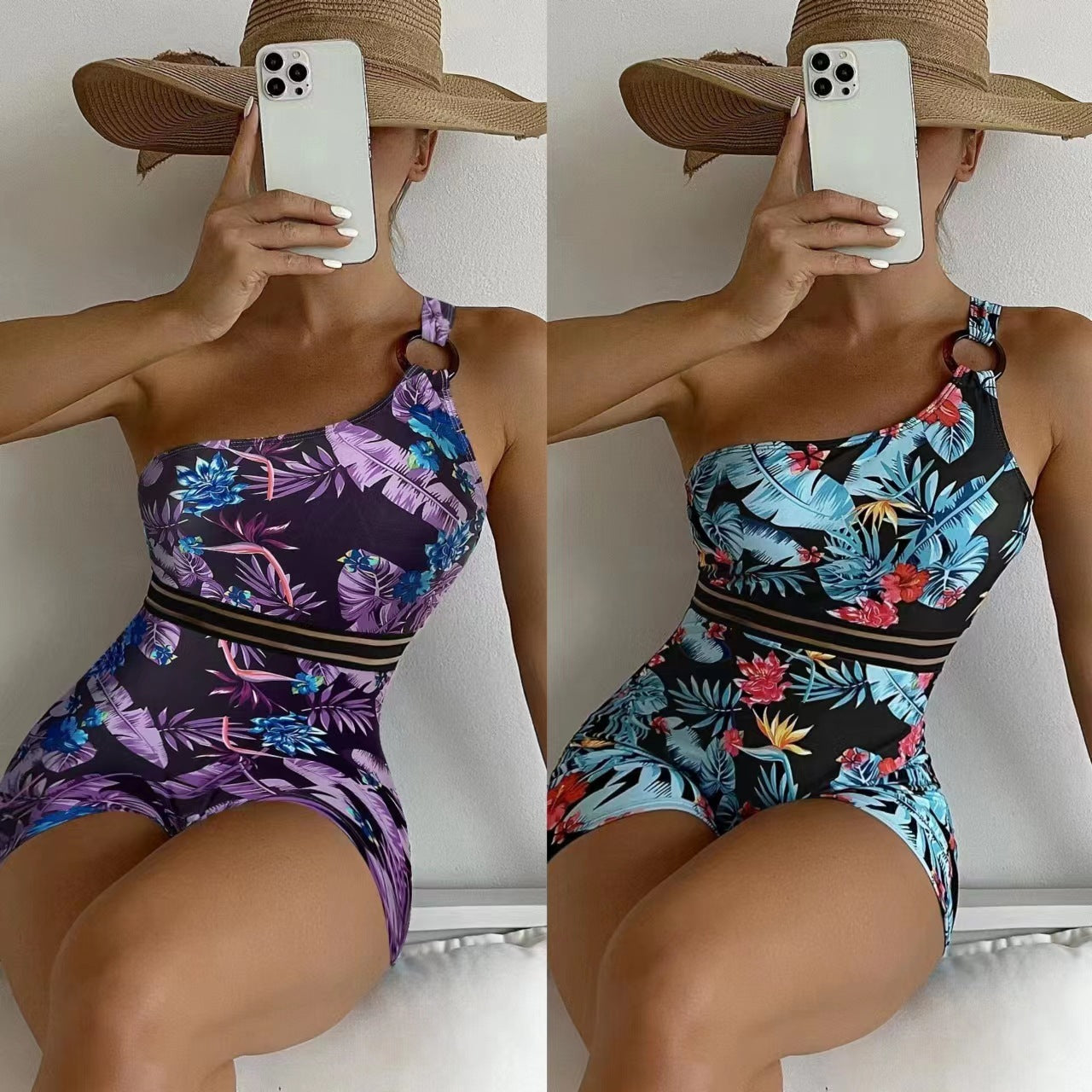 One-piece Swimsuit Women's One-shoulder Conservative Digital Printing Leg