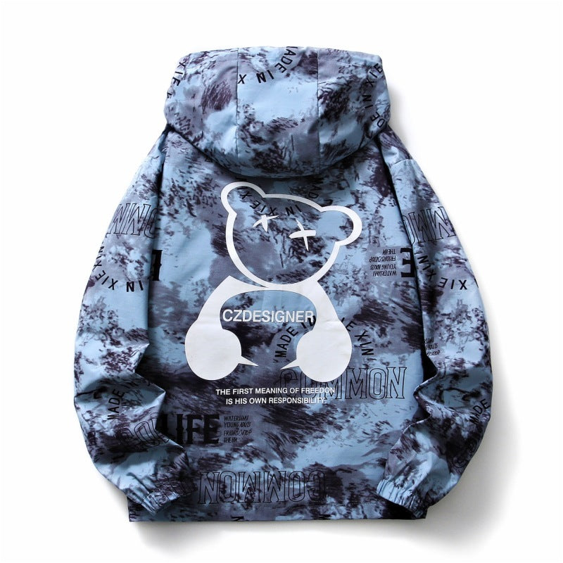 Men's Fall Winter Hooded Splash-ink Bear Printed Coat