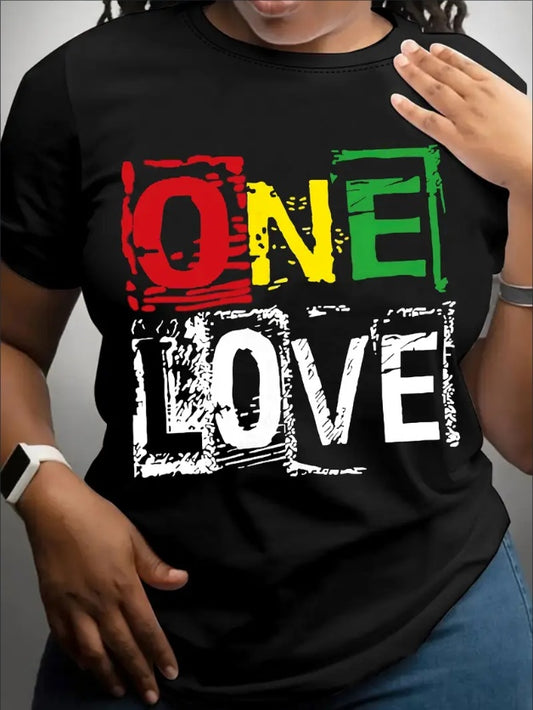 9. Ladies Vibrant “One Love” Print Crew Neck Short Sleeve Casual T-Shirt $15.99