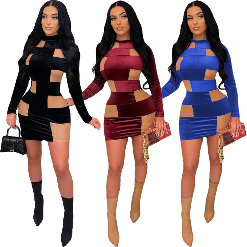 Ladies Female Slim Fit Korean Velvet Patchwork Mesh Dress