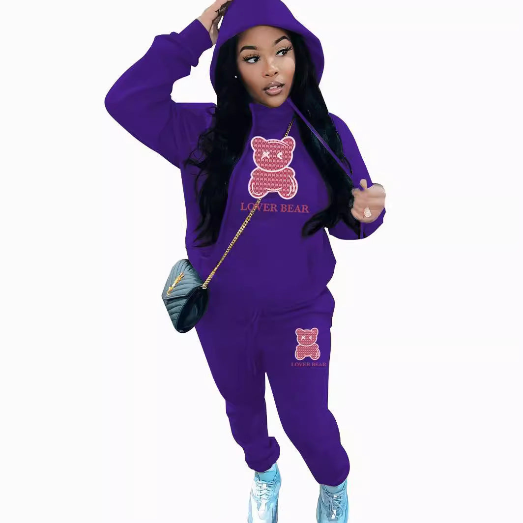 Ladies Designer “Lover Bear” 2 Piece Suit Hooded Sweatshirt And Sweatpants Sets. All Colors & Sizes