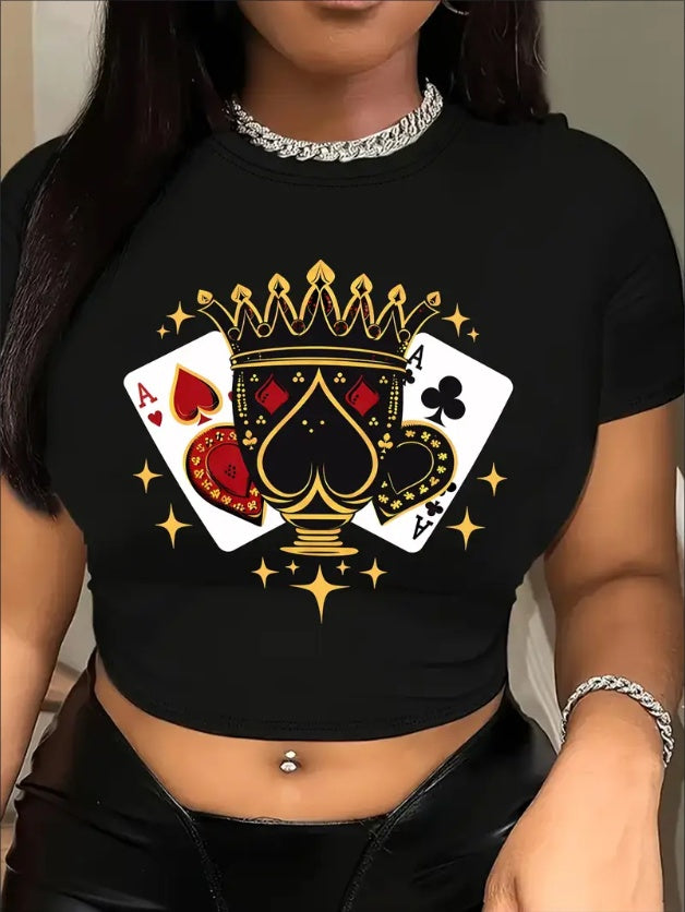 Ladies New Poker Card Print Crew Neck T-Shirt