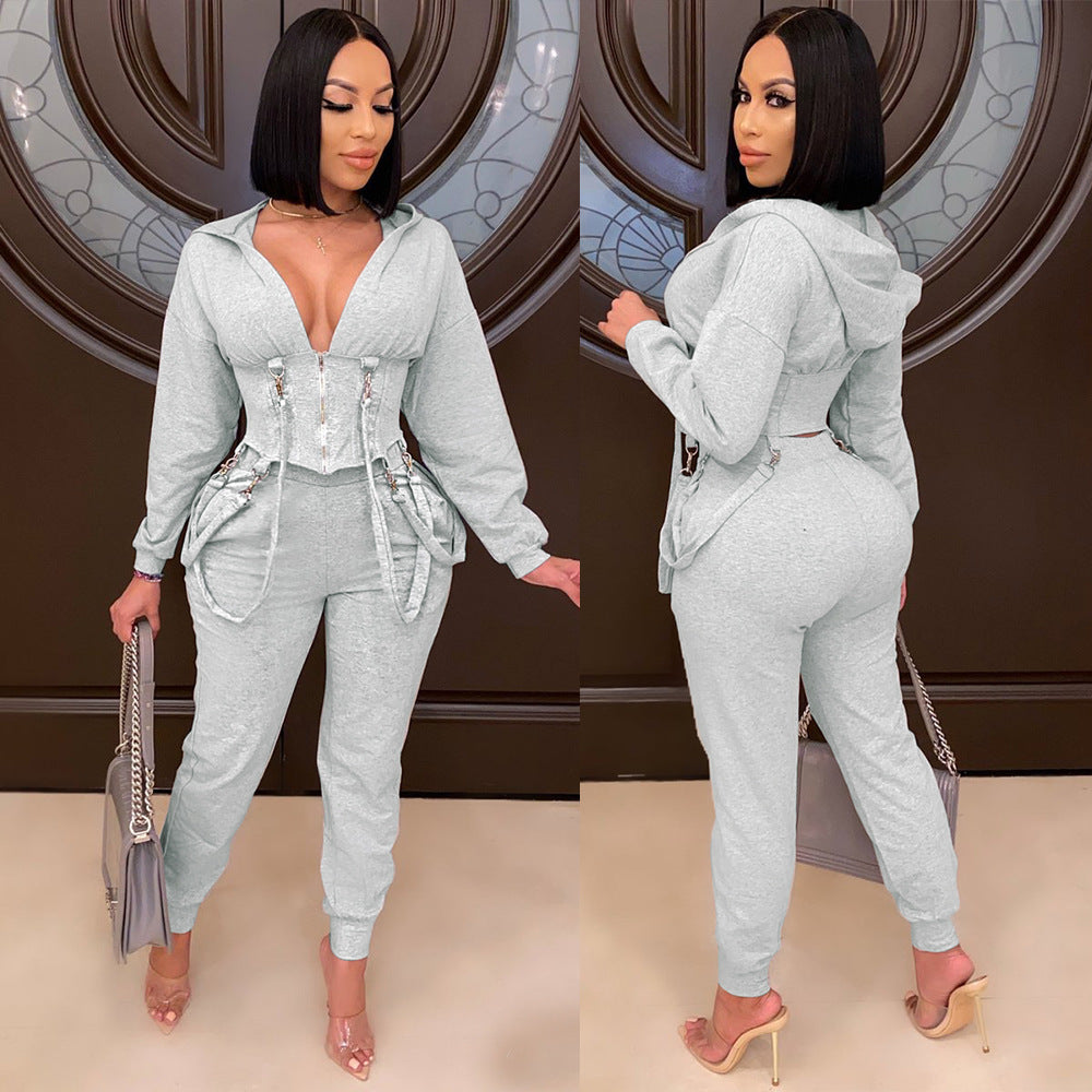 Ladies Fashion Zipper Slim-fit Two-piece Hoodie Set