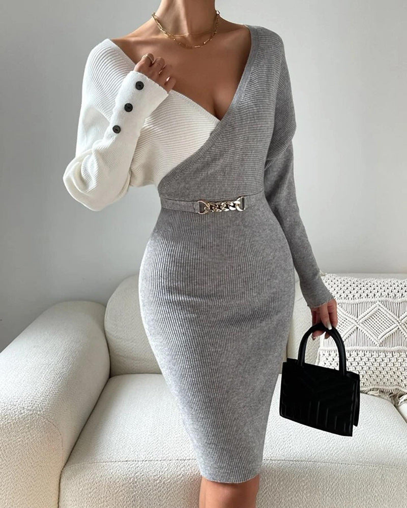 Long Sleeve V-neck Mid-length Dress