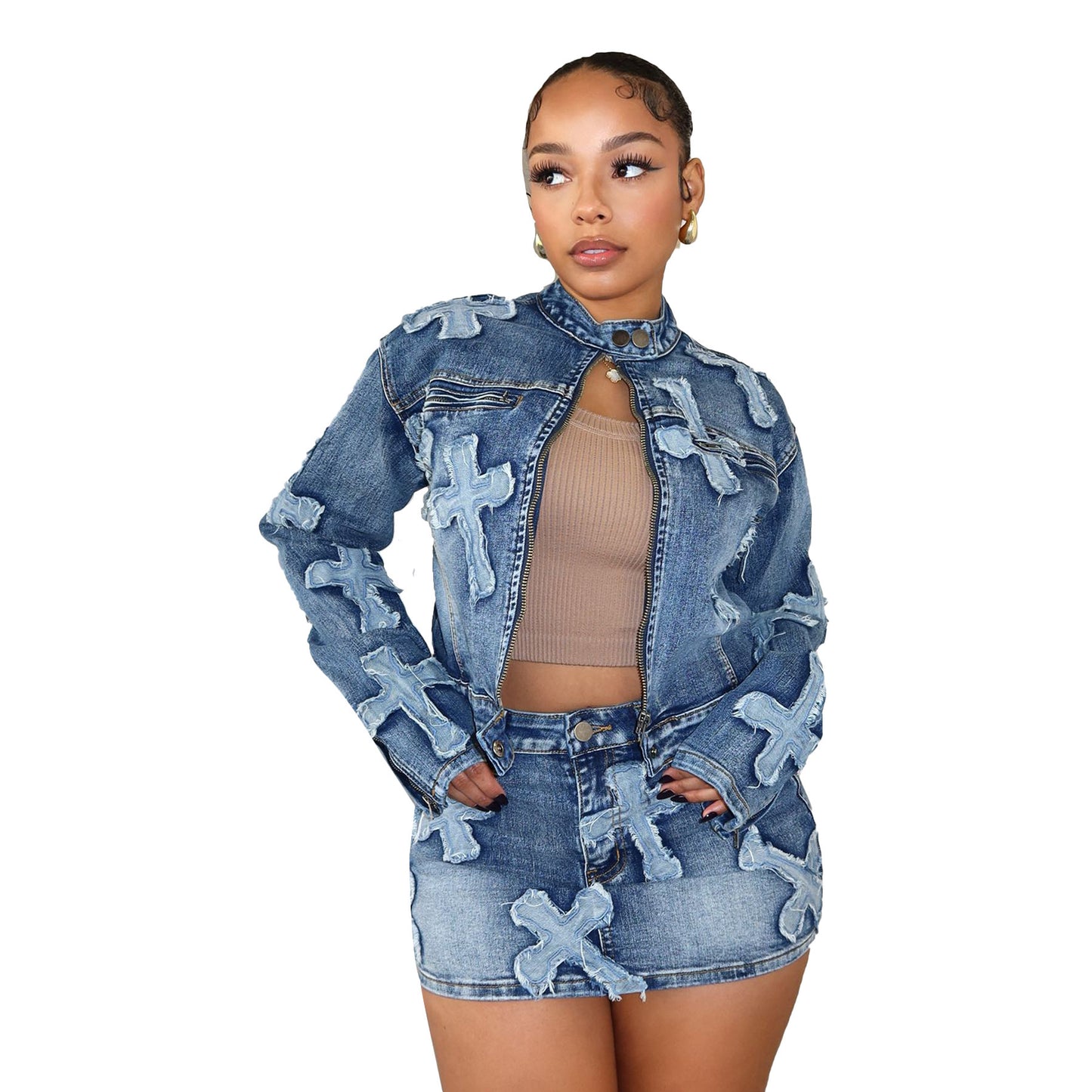 Ladies New Designer 2Piece Denim Embroidered Short Skirt Jacket Suits $49.99