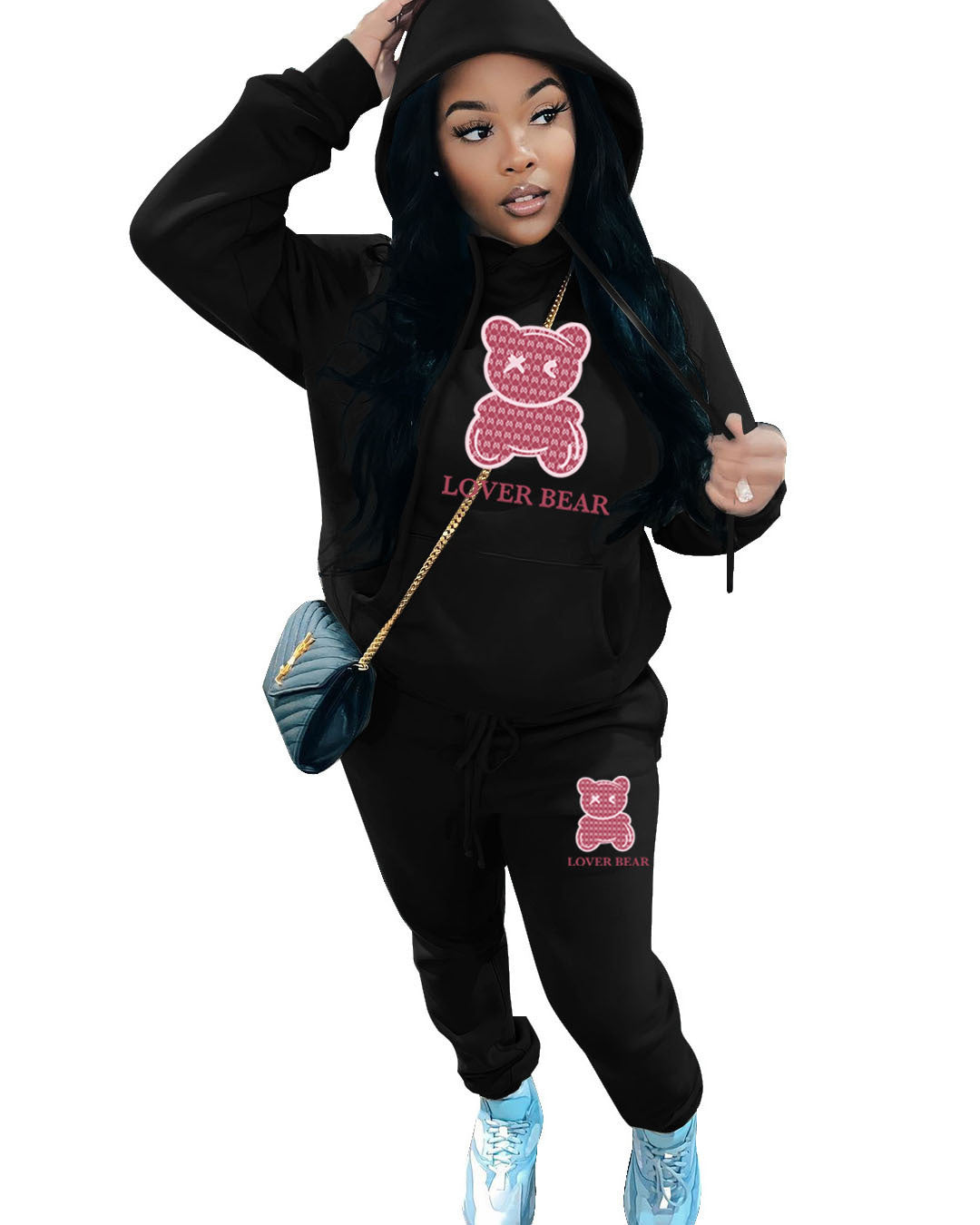 Ladies Designer “Lover Bear” 2 Piece Suit Hooded Sweatshirt And Sweatpants Sets. All Colors & Sizes