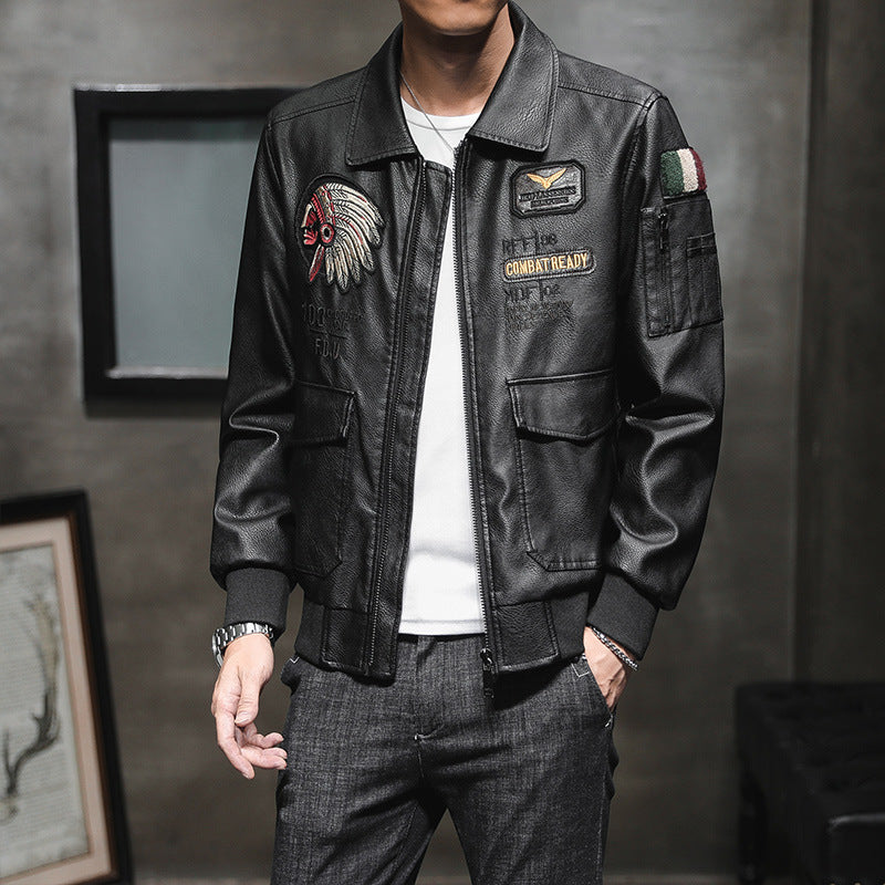 Men's Leather Jacket Men's Lapel Embroidery Motorcycle Jacket