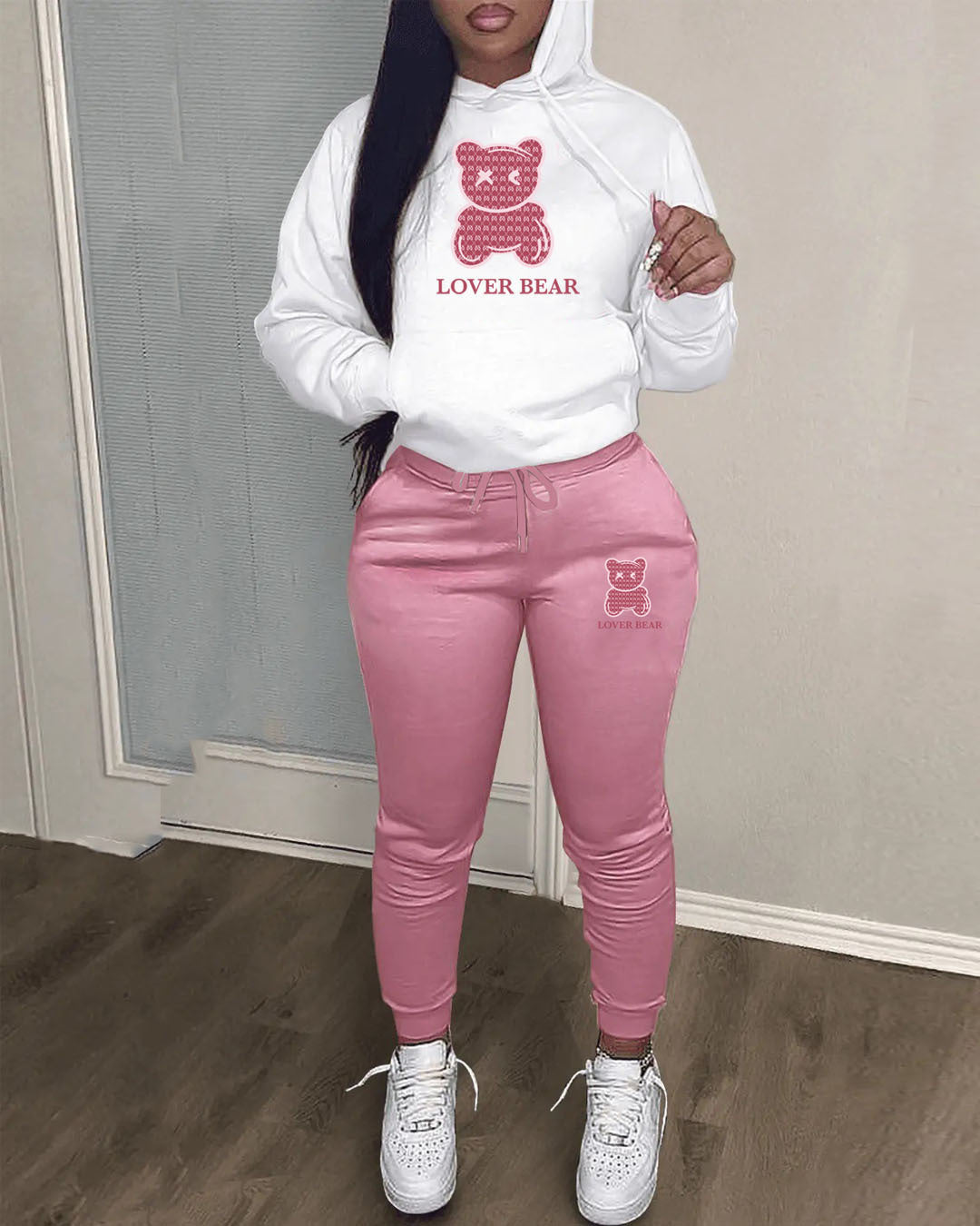 Ladies Designer “Lover Bear” 2 Piece Suit Hooded Sweatshirt And Sweatpants Sets. All Colors & Sizes