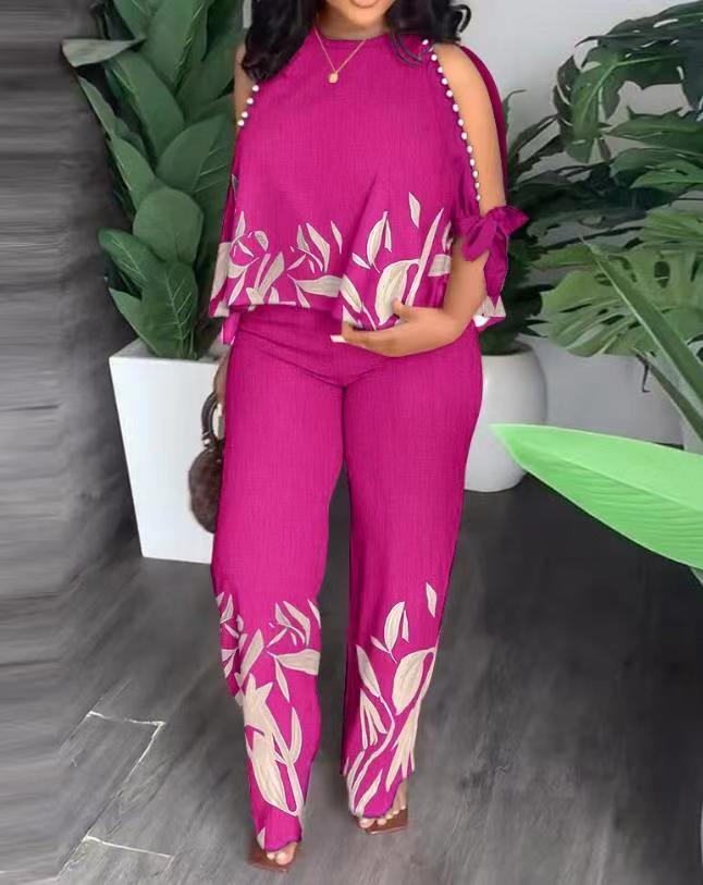 Ladies Round Neck Raglan Half Sleeve Beaded Positioning Printed Trousers Suit