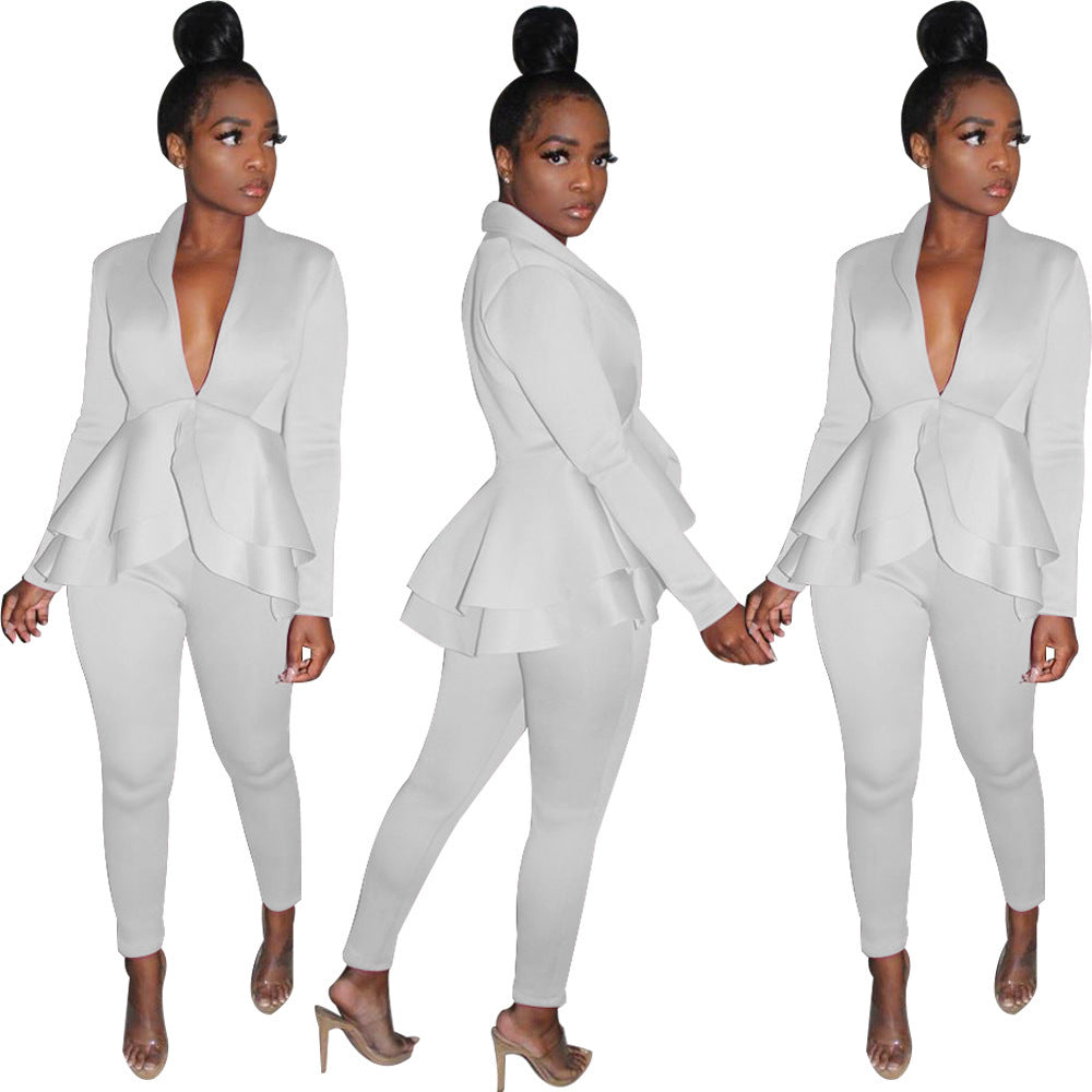 Women's Clothing Solid Color And V-neck Two-piece Suit