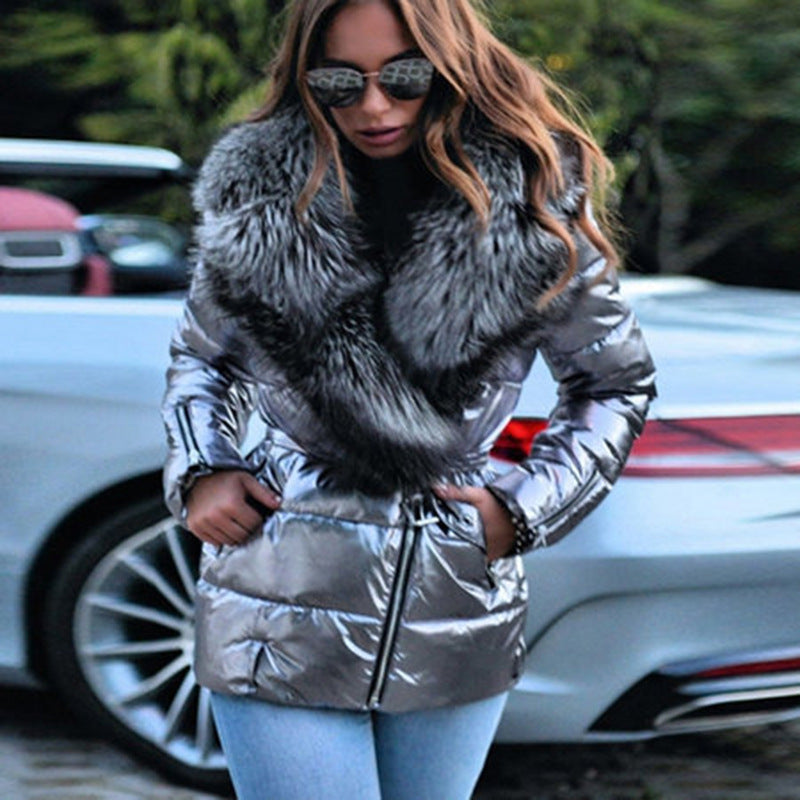 Ladies Fashion Winter Cotton Jacket With Big Fur Turndown Collar Silver Black Waterproof Lace Up Coat